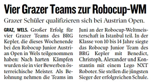Kleine Zeitung: Vier Grazer Teams zur RoboCup-WM