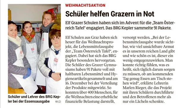 Kleine Zeitung: Weihnachtsaktion – Schüler helfen Grazern in Not
